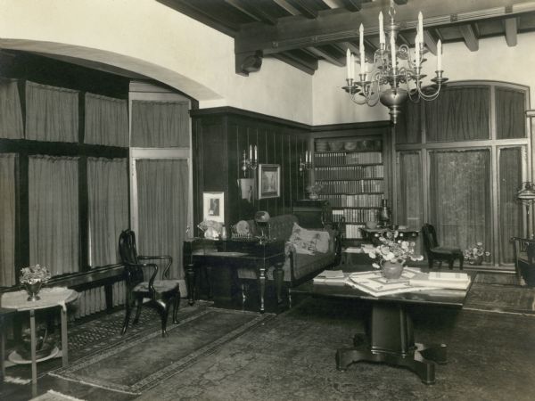 Interior view of the John M. Olin House, 130 North Prospect Avenue, in the University Heights neighborhood. The house, which displays traditional Gothic lines and was designed by the architectural firm of Ferry & Clas, is the home of the chancellor of the University of Wisconsin-Madison.