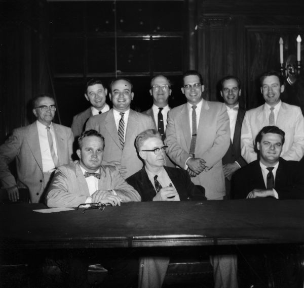 Horace Wilke (back row, third from the left) poses with nine other members of the Wisconsin Senate Democratic Caucus, including Henry Maier (to his right) and Gaylord Nelson (back row, second from the right).
