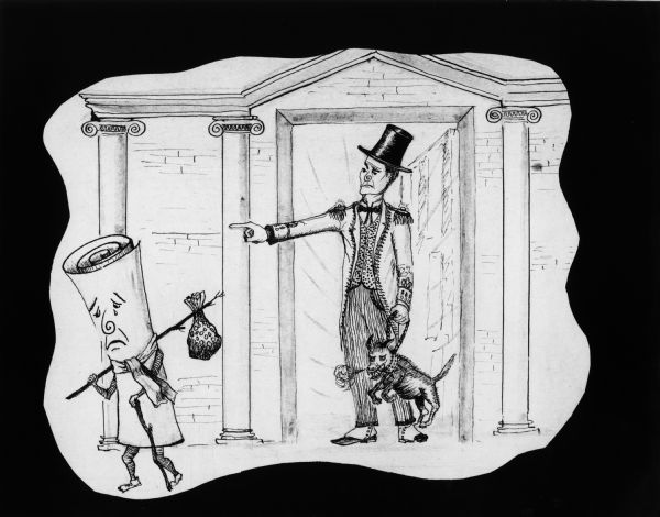 A cartoon of a rejected bill being sent away by a man in a top hat, who is holding back a dog on a leash.