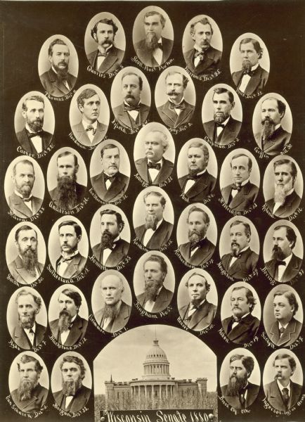 Composite photograph of the Wisconsin Senate of 1880 around a photograph of the Wisconsin State Capitol.