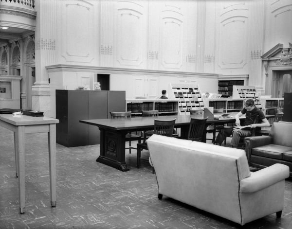 Alternate view of the modernization of the Historical Society Library Reading Room completed in the mid-1950s.  Most prominent here is the division of the space into functional areas and the addition of comfortable chairs for reading.