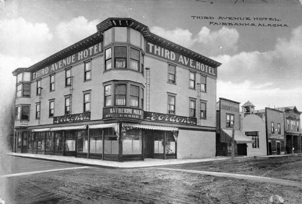 Exterior view of the Third Avenue Hotel. Caption reads: Third Avenue Hotel, Fairbanks, Alaska."