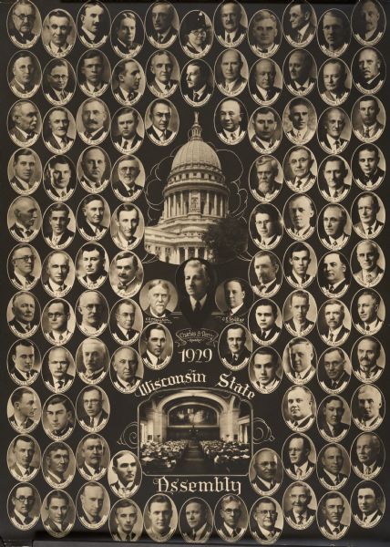 Composite of portraits of the men of the Wisconsin Assembly. Includes an exterior view of the Wisconsin State Capitol, and an interior view of the Assembly Chamber. In the center is a portrait of Charles B. Perry, speaker.