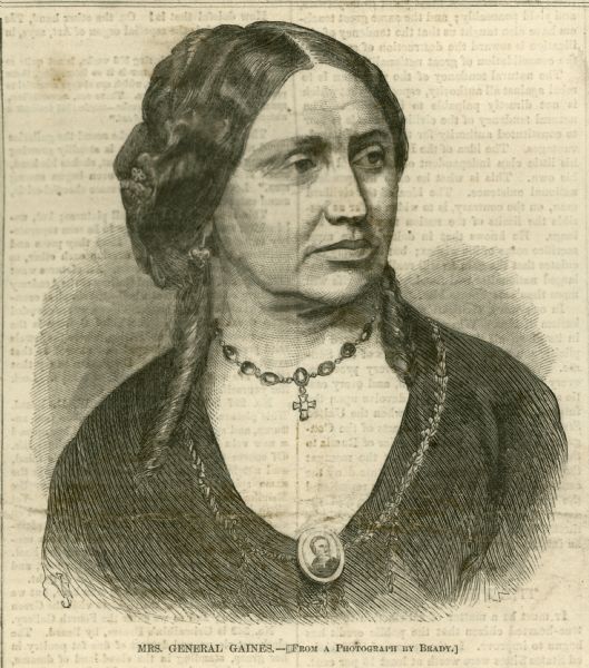 Etching from a photograph of Mrs. General Gaines.