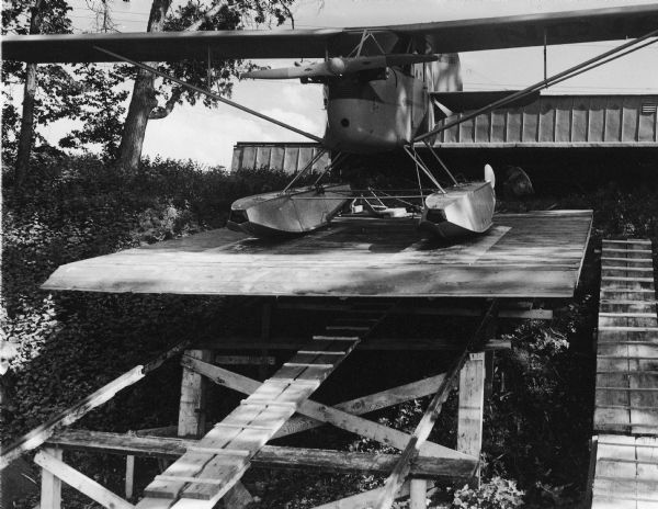 Front view of Aeronca airplane on the way down Marine Railway.