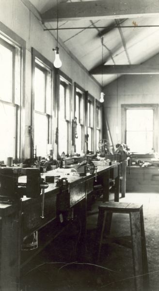 Interior view of Chester Thordarson's workshop.