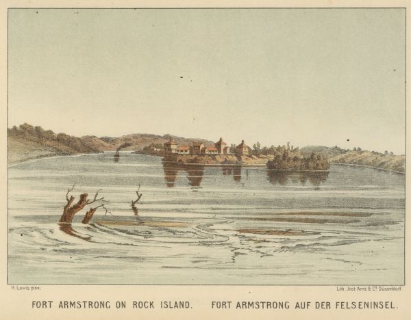 Hand-colored lithograph of Fort Armstrong on Rock Island, based on a drawing by Henry Lewis. Foreground shows a tree floating in the water.