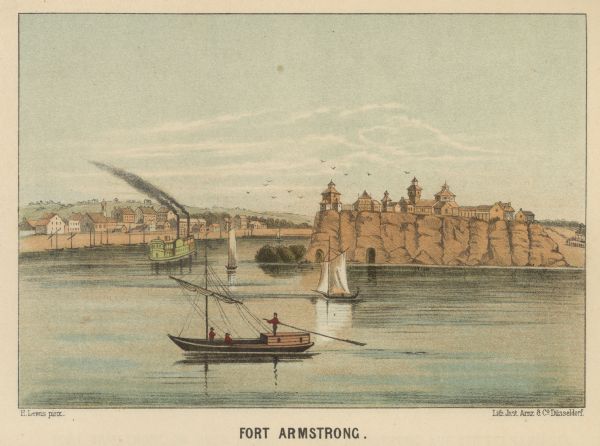 Hand-colored lithograph of Fort Armstrong, based on a drawing by Henry Lewis. Includes boats on the Mississippi River.