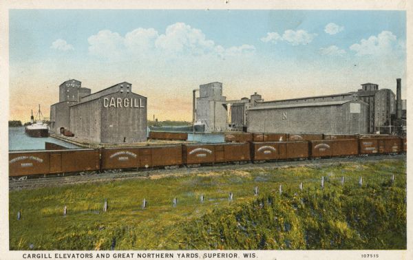 Cargill Elevators and Great Northern Yards. Caption reads: "Cargill Elevators and Great Northern Yards, Superior, Wis." 