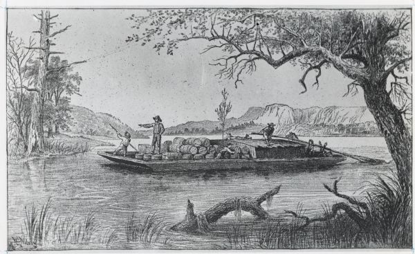 Drawing of a flatboat, possibly a part of the fur trade, navigating the Mississippi River. The flatboat is carrying barrels of unidentified goods, and there are six men on board.