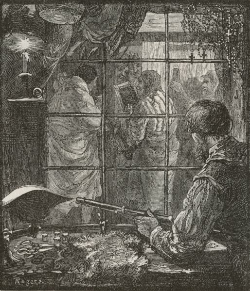 View through a window of Indians conversing with traders. Caption reads: "Trade-Room <i>[sic]</i>, Hudson Bay Company's Fort, In The Plain Country".
