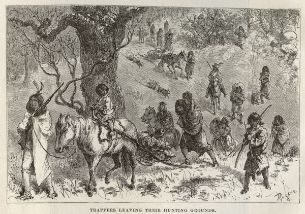 Drawing of trappers on leaving their hunting grounds.