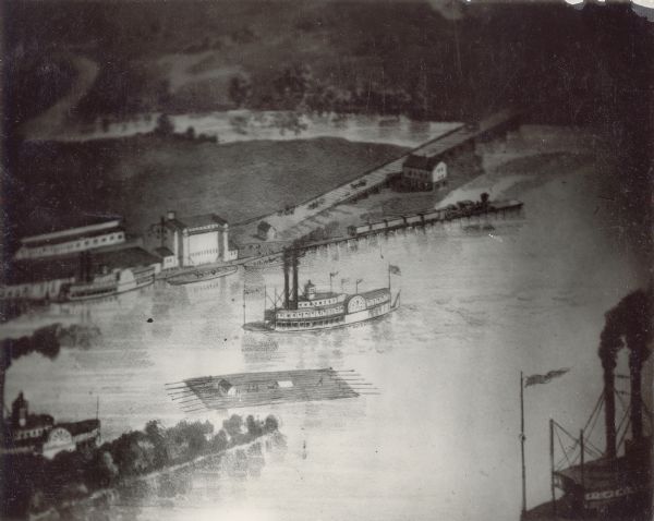 Log raft and paddle steamer on the mouth of the Black River. On the banks of the river, there are buildings of a town visible.