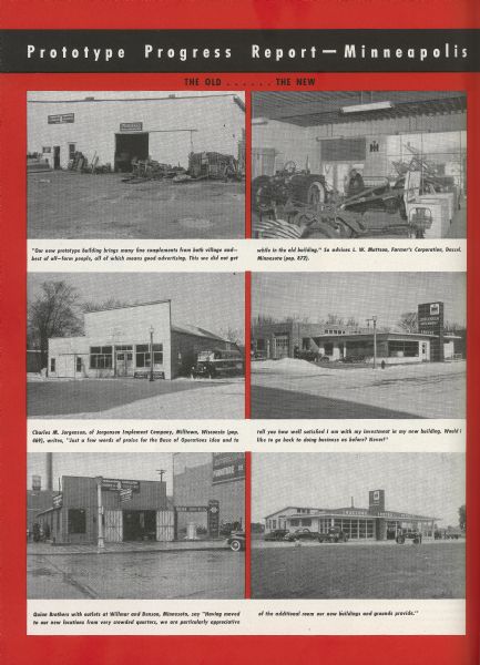 "Dealer News" article featuring three old and new International Harvester Minneapolis dealer locations. Six images total show the move from cramped, run-down buildings to polished, roomy and new locations ("prototype" dealerships).