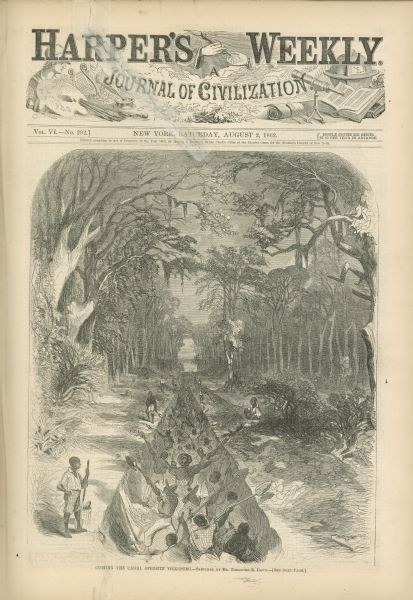 Engraved view of several men in a long trench digging Grant's canal on the Mississippi River opposite Vicksburg.