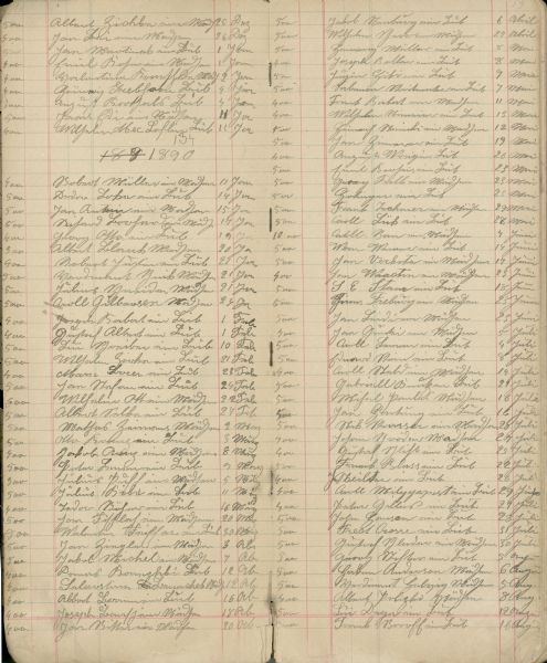 Pages 16 and 17 of midwife Mary Gerrard's journal in which she recorded names and birth dates of infants she delivered.