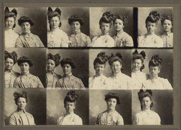 Series of portraits with four women, together and individually. The names of the women, who are possibly sisters, are Clara, Amelia, Gertie, and Nellie.