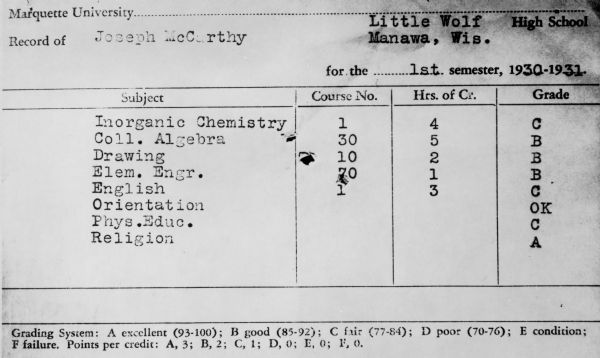 Joe McCarthy's Marquette University first semester report card. As indicated, he attended Little Wolf High School.
