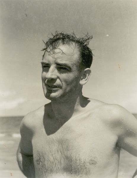 Marine captain Joseph R. McCarthy, looking fit, somewhere in the South Pacific. Health was an increasing problem for McCarthy as senator.  He was subject to chronic sinus infections and severe headaches.  The public was unaware of his problem with alcohol, an addiction that contributed to his early death at age 49 in 1957.