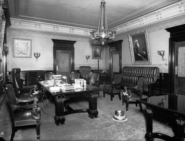 Office of the Governor in the Wisconsin State Capitol, with ornamented bronze cuspidor (spittoon).