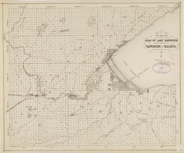 Map of the area around the head of Lake Superior, including the cities of Superior and Duluth.