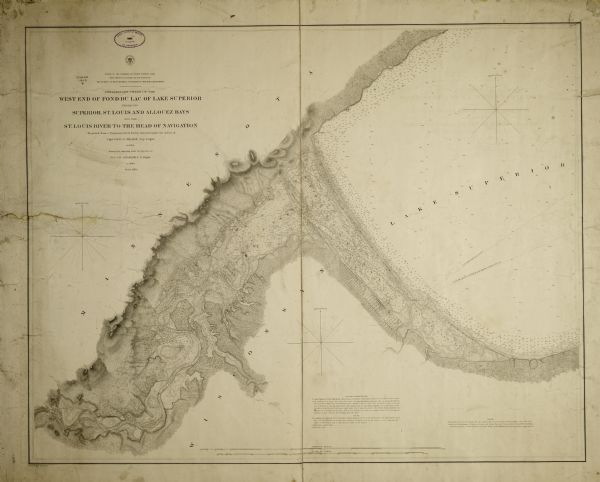 Map of the west end of Lake Superior, including Superior, St. Louis, and Allouez Bays.