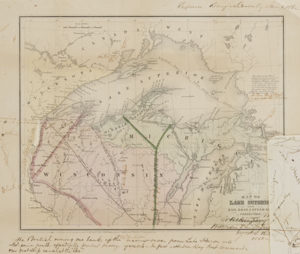 Map of the Lake Superior region showing the railroad and steamboat connections.