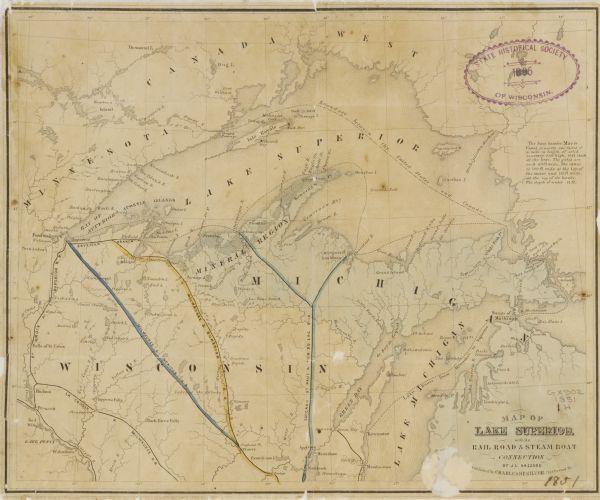 Map of the Lake Superior region showing the railroad and steamboat connection.