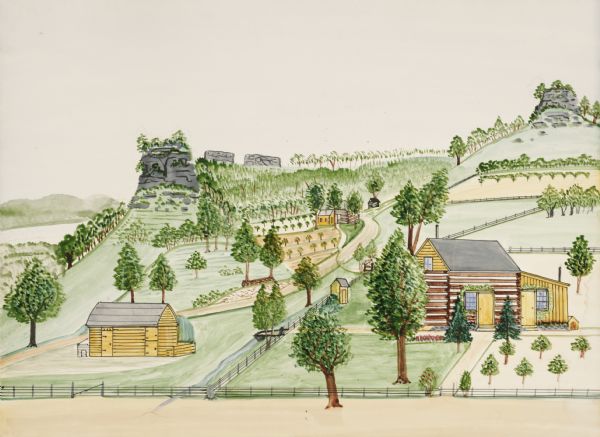 Painting of Paul Seifert farm showing rock formations in background and farm buildings nearby. 
