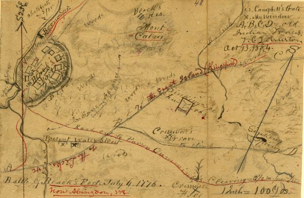 Hand-drawn map of the area where the Battle of Black's Fort took place.