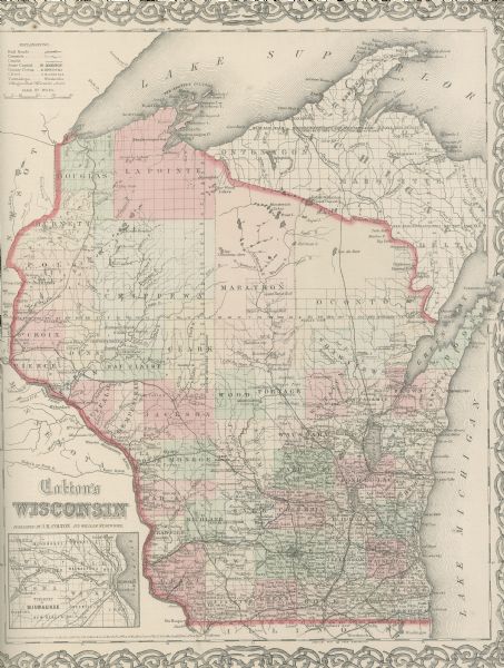 A map of Wisconsin showing cities, counties, major roads, railroads, and bodies of water. Includes an inset of the vicinity of Milwaukee.