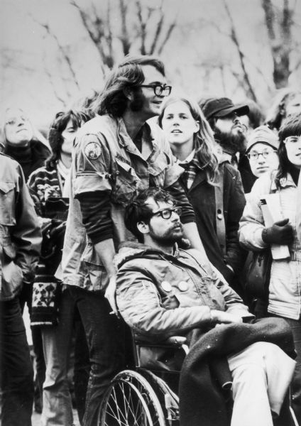 Bill Henshaw, a disabled, wheelchair-bound Vietnam veteran, at a Vietnam Veterans Against the War demonstration during the Nixon Inauguration in 1973.