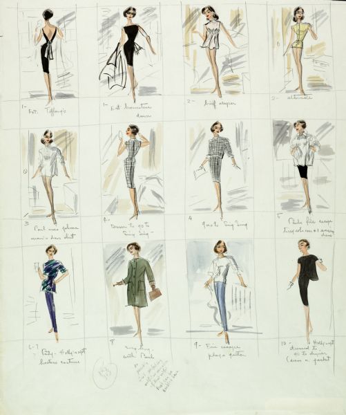 Twelve views of the fronts and backs of Edith Head costume designs in pencil, ink, and watercolor, including dresses, slacks and tops designed for Audrey Hepburn in "Breakfast at Tiffany's" (Paramount, 1961).