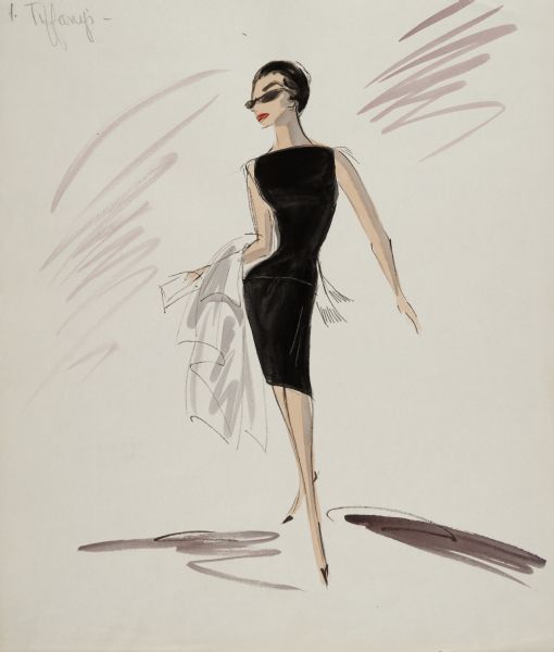 Drawing in pencil, ink, gouache, and watercolor of a black sleeveless dress designed by Edith Head for Audrey Hepburn in "Breakfast at Tiffany's" (Paramount 1961).