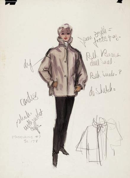 Pencil, ink, gouache, and watercolor design for a beige jacket with black slacks designed by Edith Head for Kim Novak in "Vertigo" (Paramount 1958).