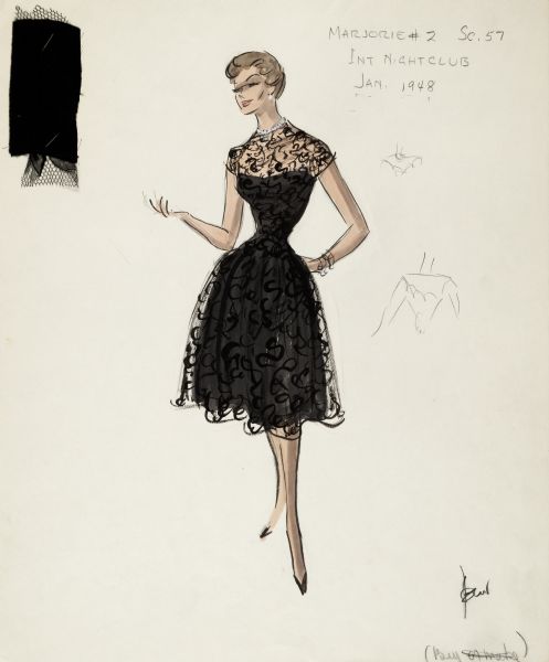 Pencil, ink, gouache, and watercolor design for a knee-length black evening dress with black lace overlay designed by Edith Head for Donna Douglas in the film "Career" (Paramount 1959).