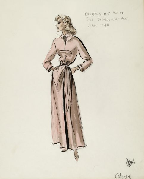 Pencil, ink, gouache, and watercolor design for a pink floor-length robe for Joan Blackman in "Career" (Paramount 1959).
