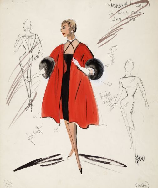 Pencil, ink, gouache, and watercolor design for a black evening dress with criss-cross straps in front and a red full overcoat with fur cuffs made for Shirley Mclaine's role in "Career" (Paramount 1959).