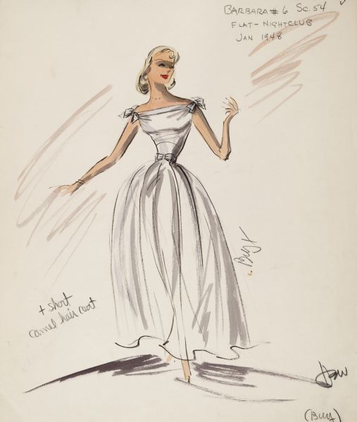 Pencil, ink, gouache, and watercolor design for a white evening gown with ties on the shoulder for Joan Blackman in "Career" (Paramount 1959).