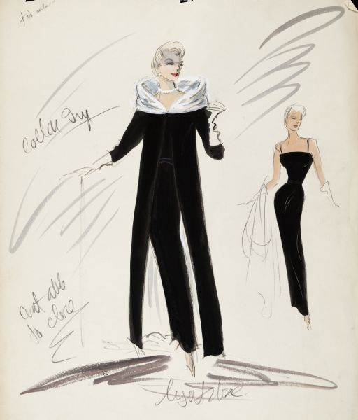 Pencil, ink, gouache, and watercolor design for a floor-length black evening gown with black overcoat with white collar, designed by Edith Head for Kim Novak in "Vertigo" (Paramount 1958).