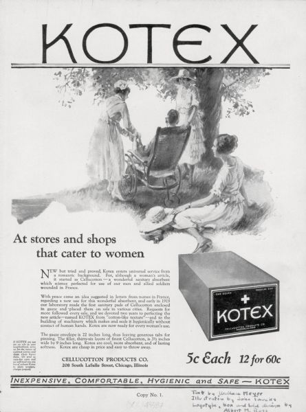 Magazine advertisement for Kotex sanitary pads featuring an illustration of a man in a wheelchair with two nurses, and a woman sitting in the grass.
