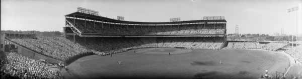 Panoramic view of Milwaukee County stadium from center field during the All Star baseball game.