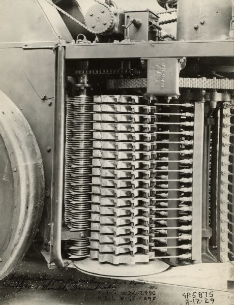 Engineering photograph of a doffer stripper on an experimental "one row - two row single and double drum picker."