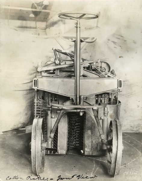 Engineering photograph of an experimental pneumatic spindle cotton picker.