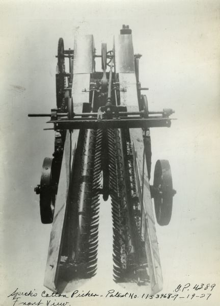 Front view of "Speck's cotton picker," taken for International Harvester's Engineering Department.