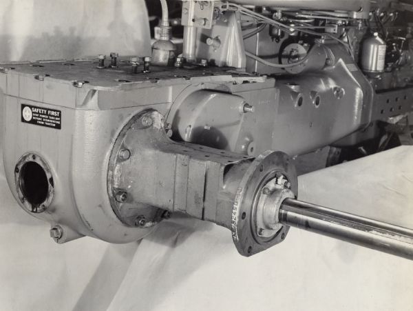 Engineering photograph of the rear axle carrier assembly of a cotton harvester [picker].