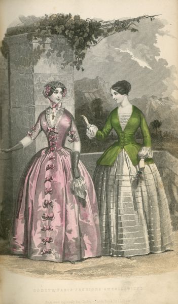 Engraving with color of two women modeling high fashion dresses.