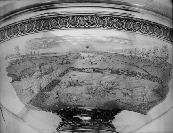 A detail of the engraving on the silver punch bowl that was presented to Colonel Joseph Bailey.