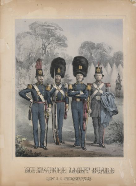 Illustration of the Milwaukee Light Guard depicting four men, including captain J.C. Starkweather. This is a cover from sheet music "Milwaukee Light Guard Quickstep" dating back to 1859.
