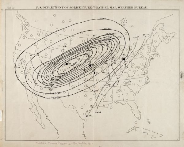 Weather map depicting the great cyclonic storm that prevailed the day of the Peshtigo and Chicago fires.